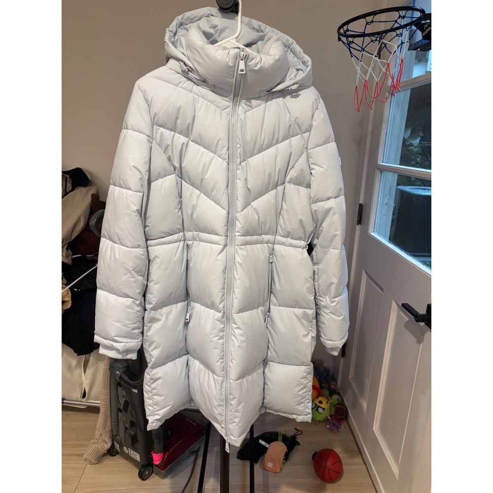 Calvin Klein Womens Ice Blue Long Chevron Puffer Coat Hooded Parka Jacket Large